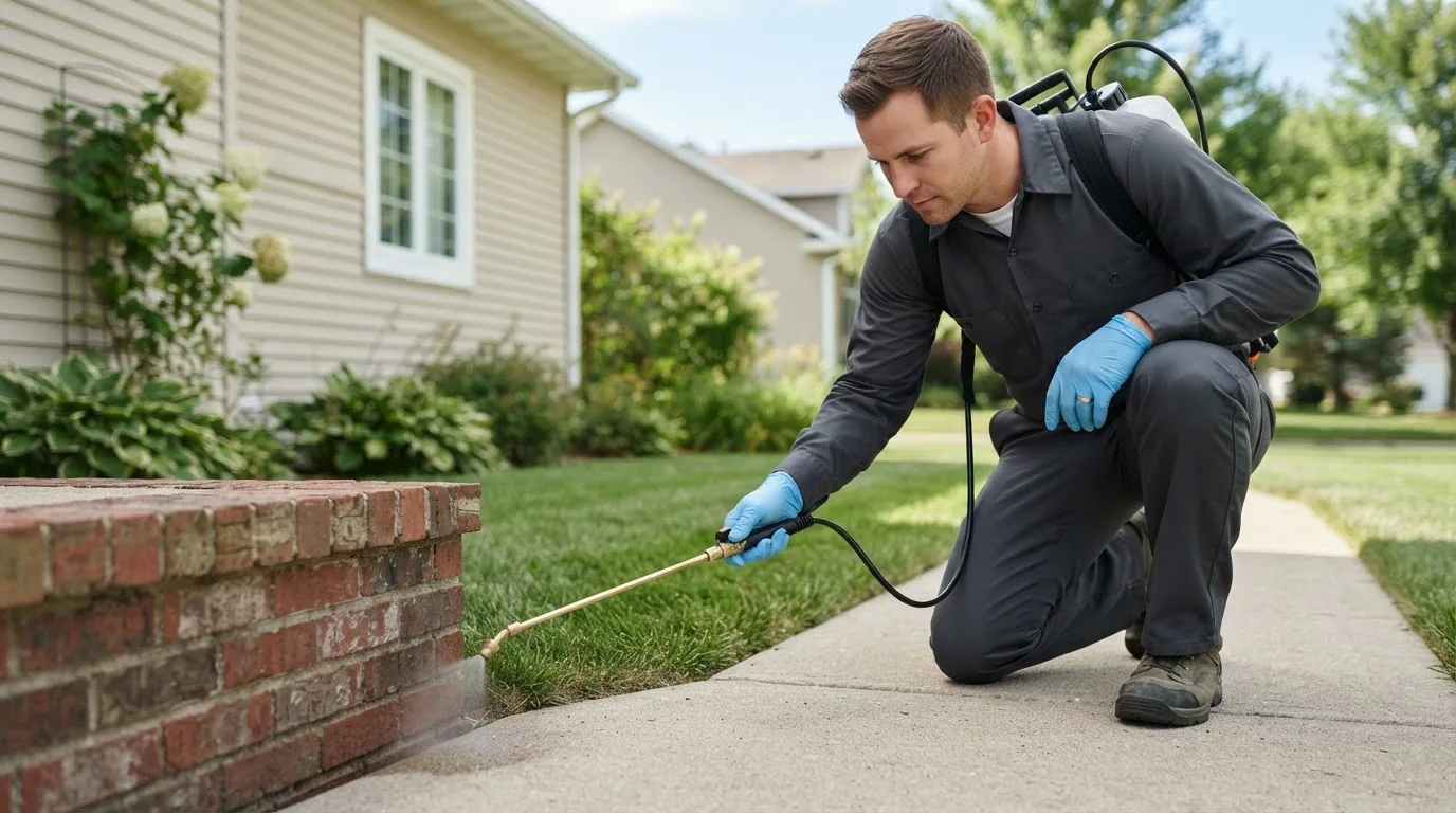 Pest control technician treating a home near Nevis, MN